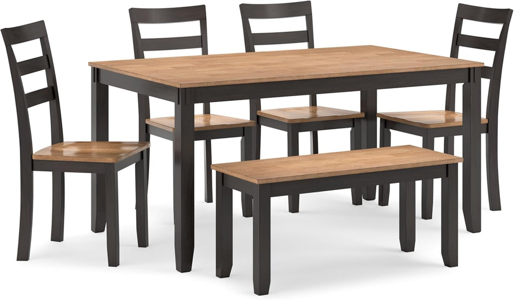 Signature Design by Ashley Gesthaven 6-Piece Dining Table Set with Bench | Two-tone casual style, Durable mango veneer top, Includes 4 ladderback chairs & 1 space-saving under-table bench