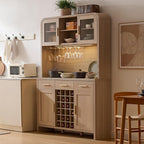 77" Tall Pantry Cabinet & Coffee Bar Cabinet with Storage,Natural Oak | Wine Cabinet for Dining Room Home with LED Lighting & Charging Station, Bar Cabinets for Kitchen,Dining Room, Living Room