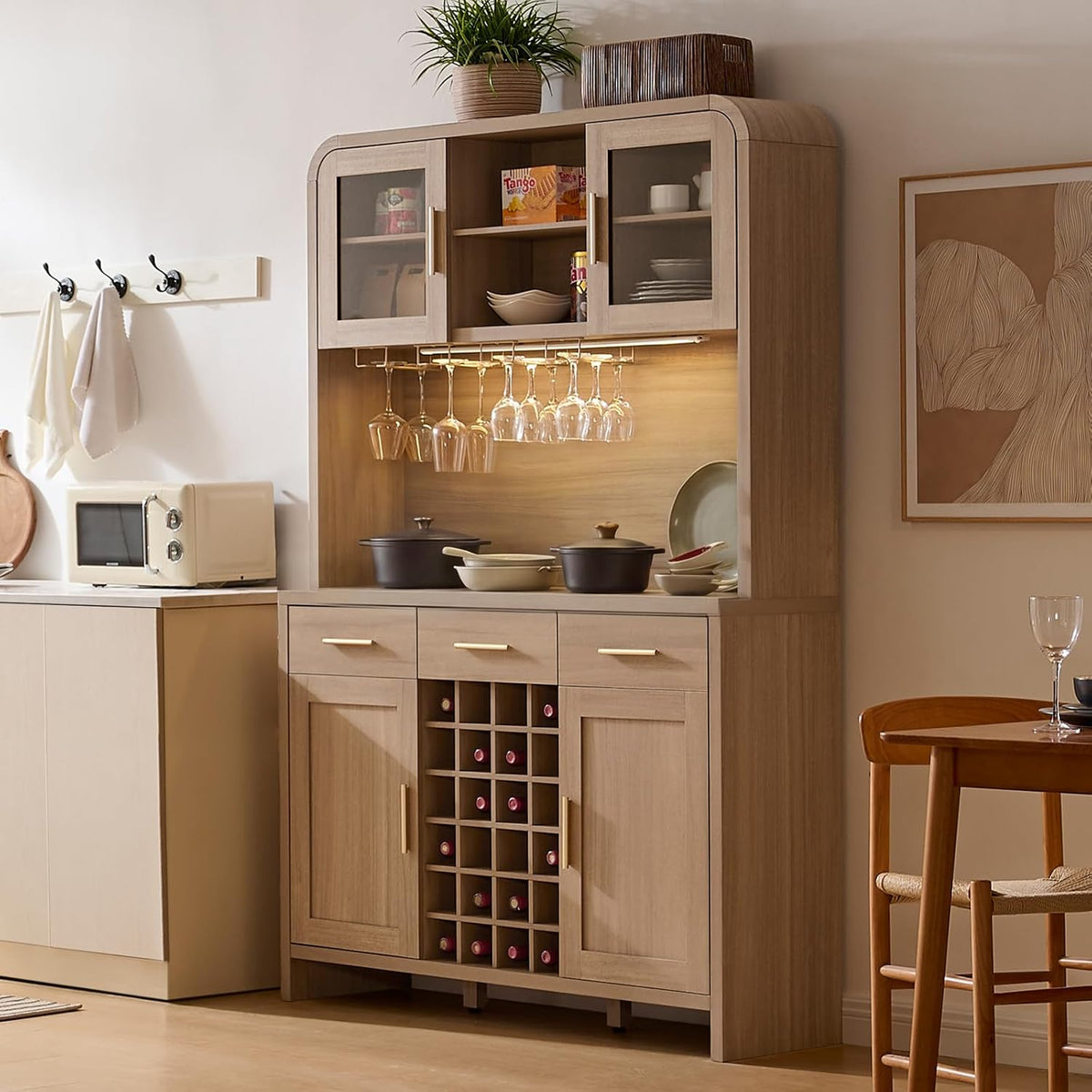 77" Tall Pantry Cabinet & Coffee Bar Cabinet with Storage,Natural Oak | Wine Cabinet for Dining Room Home with LED Lighting & Charging Station, Bar Cabinets for Kitchen,Dining Room, Living Room