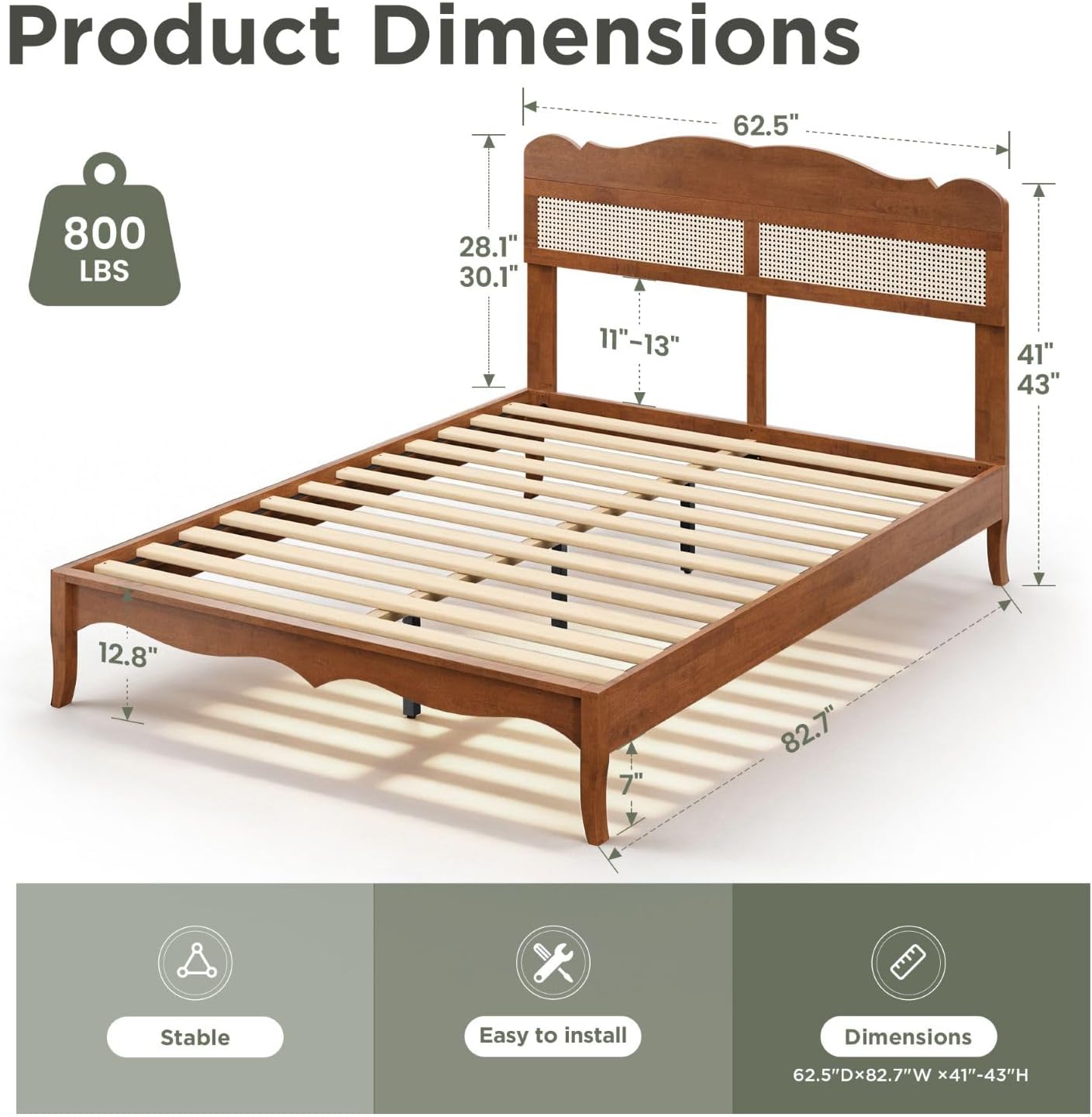 Sophia & William Queen Bed Frame with Headboard, Solid Wood Bedframe