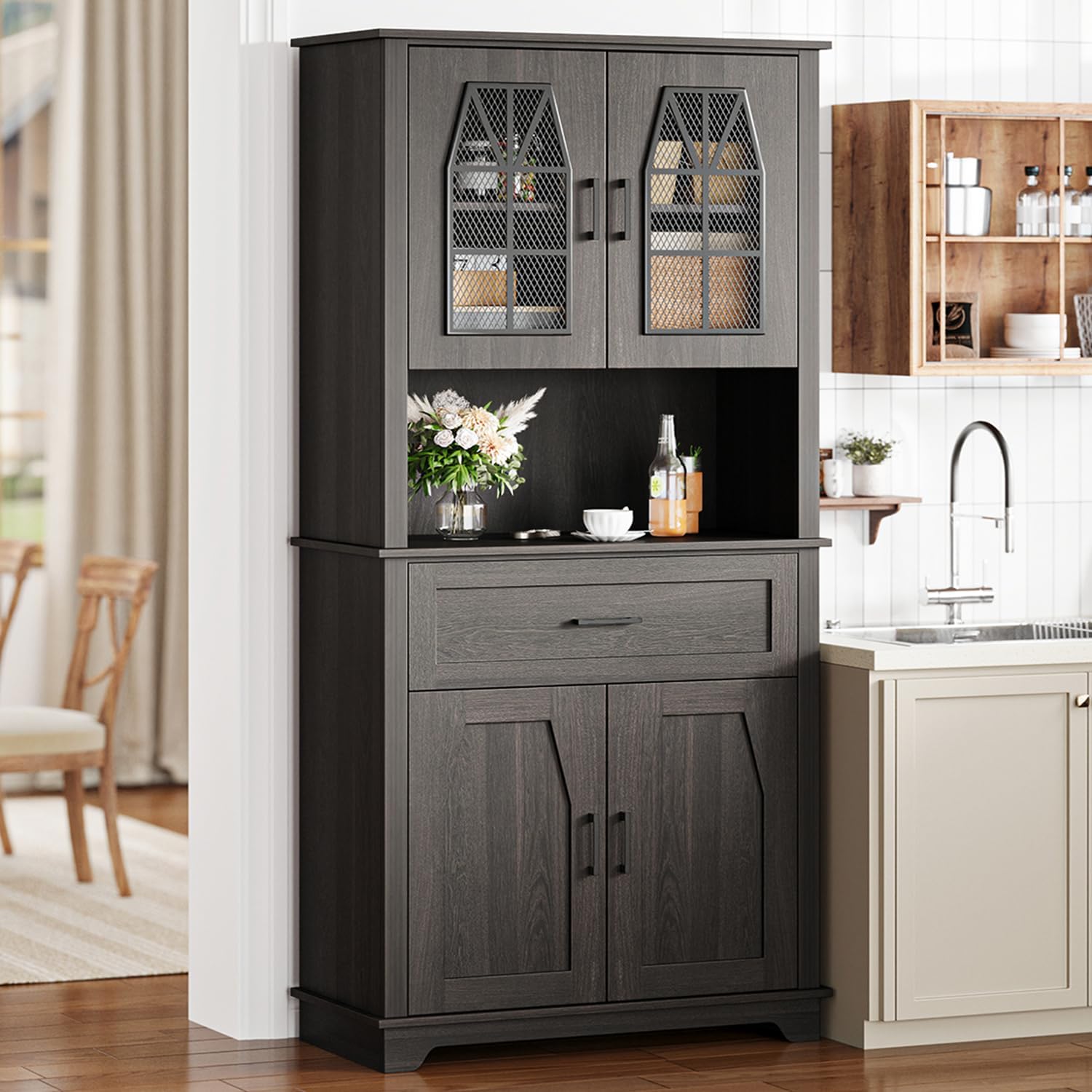 Kitchen Pantry Storage Cabinet with Doors and Shelves, Industrial Pantry Storage with Iron Mesh Doors for Kitchen Dining Room, Living Room, Black