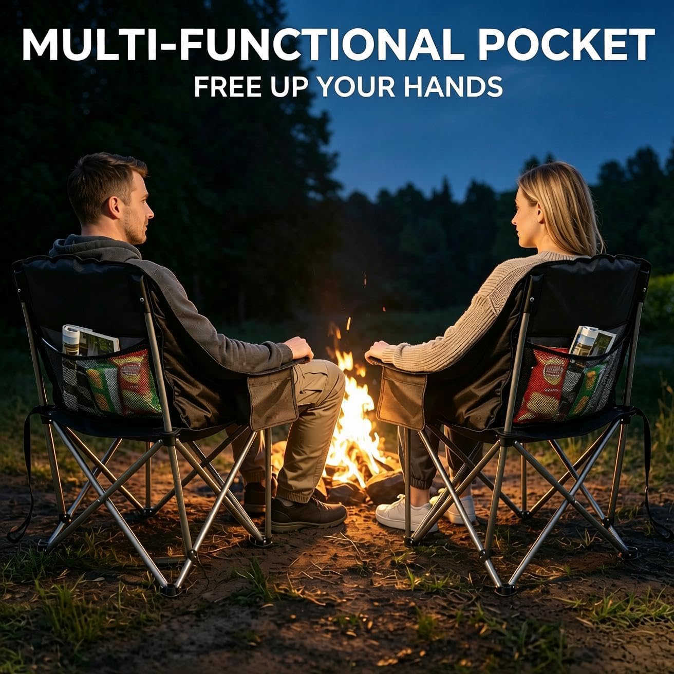 Oversized Heavy Duty Camping Chair for Adults, 500 lbs Capacity Padded Folding Chair with Side Cooler Bag, Cup Holder & Storage Pockets, Portable Lawn Chair for Fishing, Beach, Picnic & Sports-2PCS