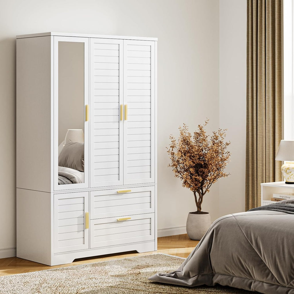 Armoire Wardrobe Closet with Mirror - 71“ Wood Clothing Storage Cabinet, Wardrobe Closet with Doors & 2 Drawers, Freestanding Bedroom Armoires and Wardrobes for Hanging Clothes, 3 Doors, White