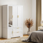 Armoire Wardrobe Closet with Mirror - 71“ Wood Clothing Storage Cabinet, Wardrobe Closet with Doors & 2 Drawers, Freestanding Bedroom Armoires and Wardrobes for Hanging Clothes, 3 Doors, White