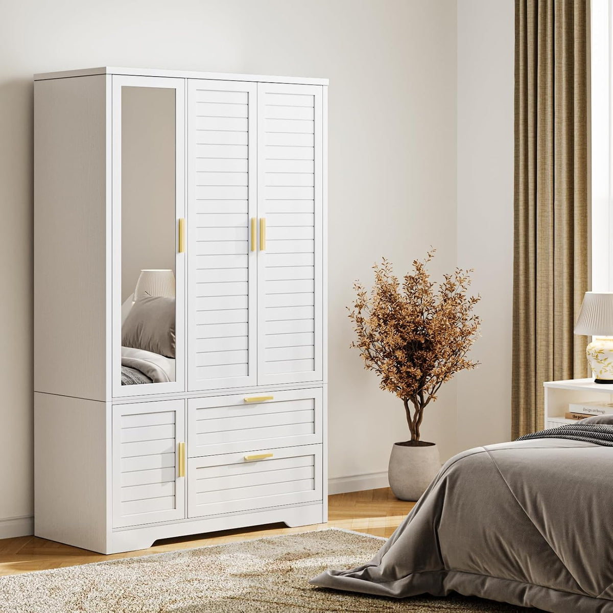 Armoire Wardrobe Closet with Mirror - 71“ Wood Clothing Storage Cabinet, Wardrobe Closet with Doors & 2 Drawers, Freestanding Bedroom Armoires and Wardrobes for Hanging Clothes, 3 Doors, White