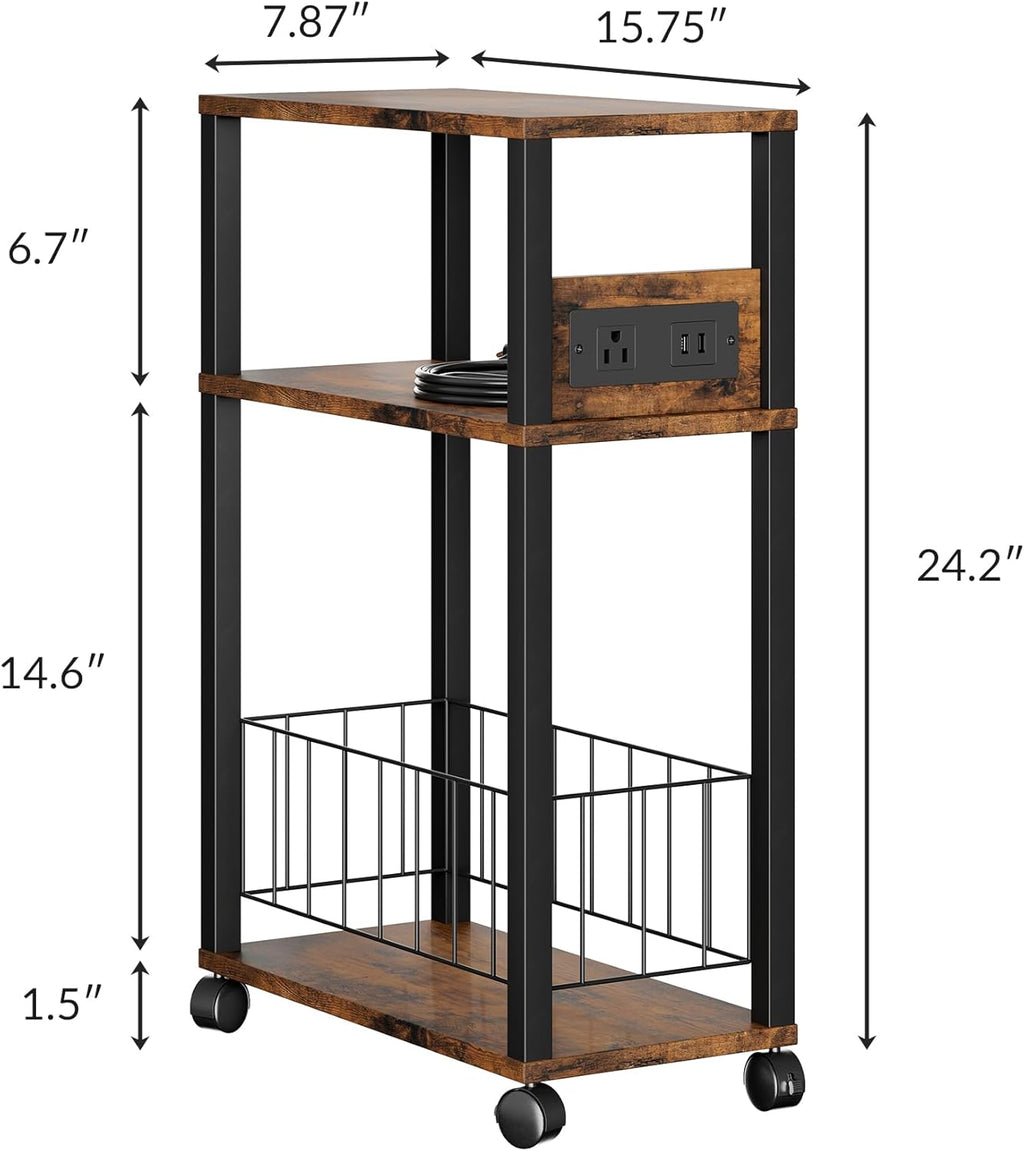 DGSANDGO Narrow Rolling Side Table with Charging Station (Outlets/USB Ports) & Storage Basket - Small Space End Table for Living Room Bedroom Office (Rustic Brown)
