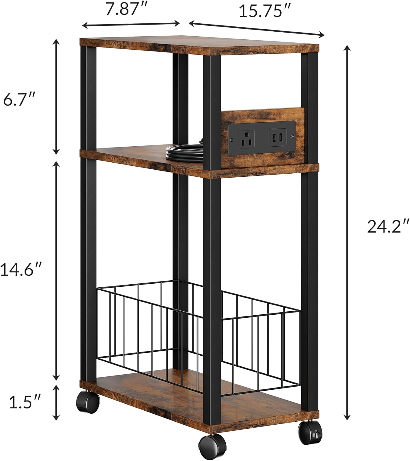 DGSANDGO Narrow Rolling Side Table with Charging Station (Outlets/USB Ports) & Storage Basket - Small Space End Table for Living Room Bedroom Office (Rustic Brown)