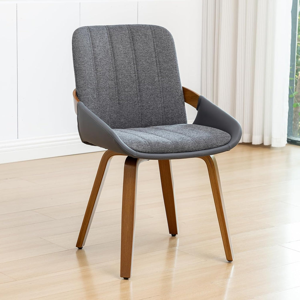 Dining Room Chairs Set of 2, Mid Century Modern Gray Fabric+Faux Leather Kitchen Chairs No Arms,Bamboo Legs Side Chairs No Wheels,Accent Chair for Dining Rooms