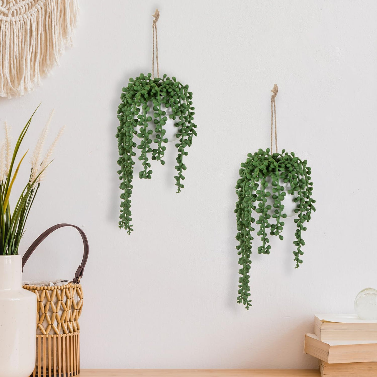 MyGift Artificial Faux String of Pearls Plants in White Ceramic Wall Hanging Planter Pot with Jute Rope, Set of 2