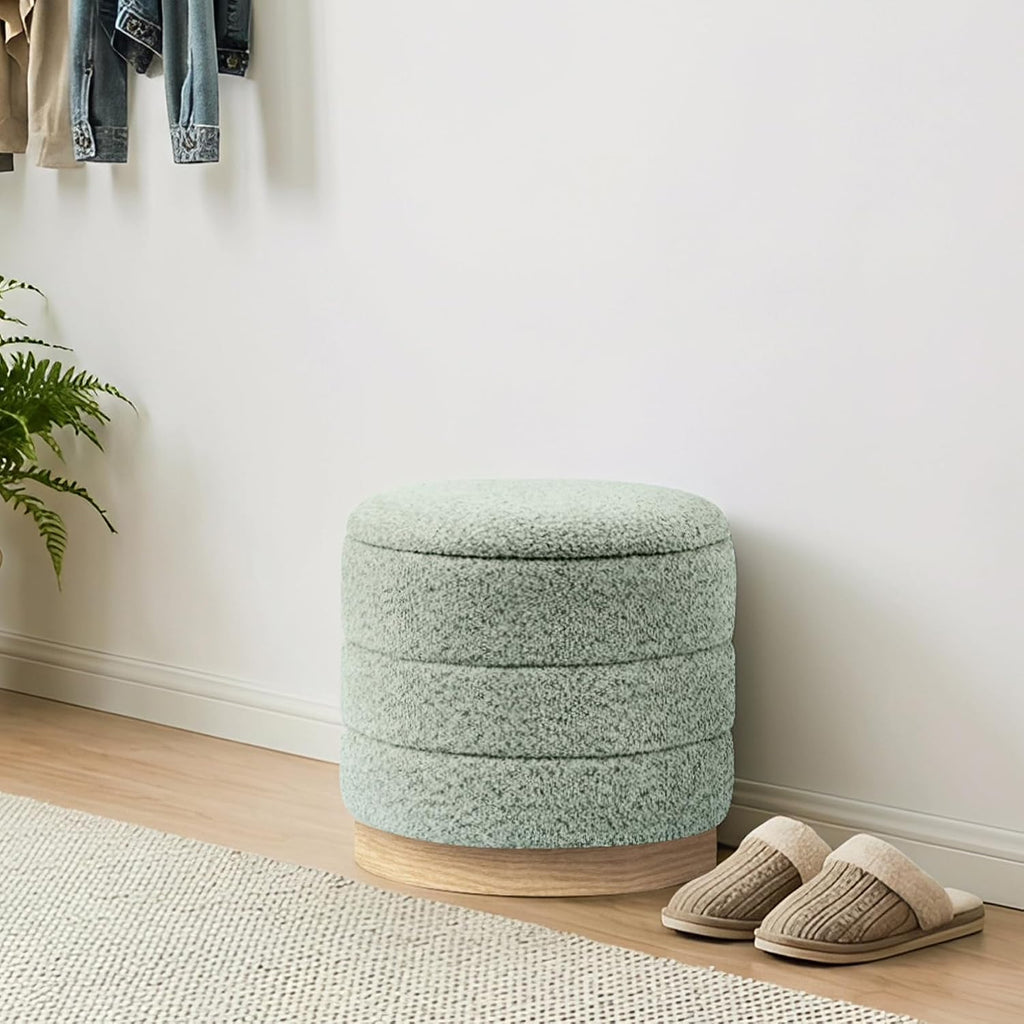 Round Storage Ottoman with Reversible Tray Lid, Folding Chenille Fabric Footrest with Hidden Storage, 15.4" Footstool for Small Spaces Living Room Bedroom, Wood Grain Base, Sage Green