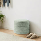 Round Storage Ottoman with Reversible Tray Lid, Folding Chenille Fabric Footrest with Hidden Storage, 15.4" Footstool for Small Spaces Living Room Bedroom, Wood Grain Base, Sage Green