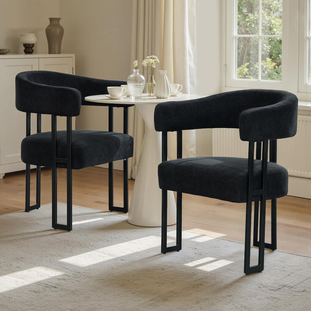 Dining Chairs Set of 2, Boucle Upholstered Kitchen Chairs with Metal Leg | Elevated Backrest Armchairs Mid Century Modern Barrel Chair for Living Room, Dining Room, Farmhouse, Coffee, Black