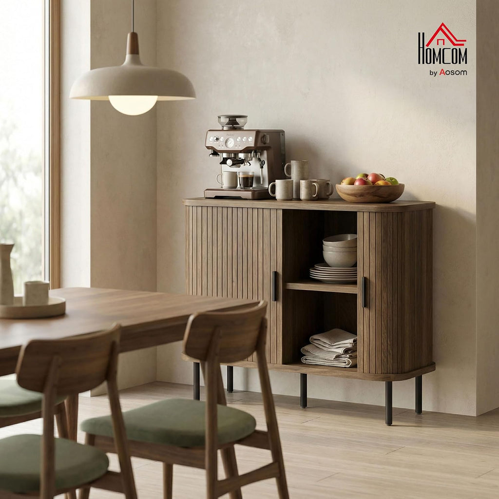 HOMCOM 35.4" Sideboard Buffet Cabinet with Storage, Nordic Coffee Bar Cabinet with Slatted Tambour Doors and Metal Legs, Kitchen Credenza, Walnut