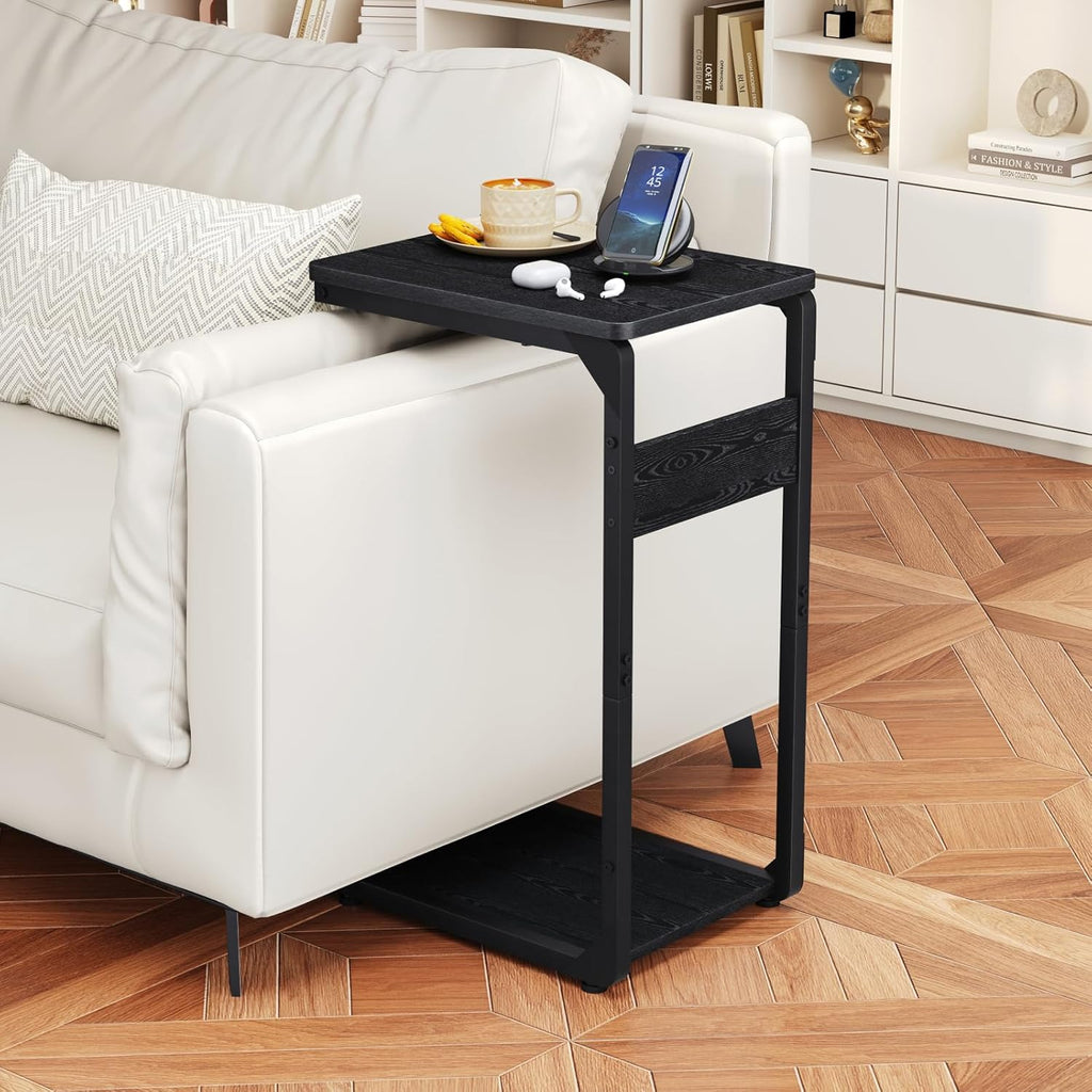 Wood Pedestal Small Sofa Side Table for Couch C Shaped End Table TV Trays Eating, Coffee Drink Dinner Food TV Tray Tables Slide Under Couch Night Stand Over Bedroom Bedside Living Room Black ET-YB-BK1