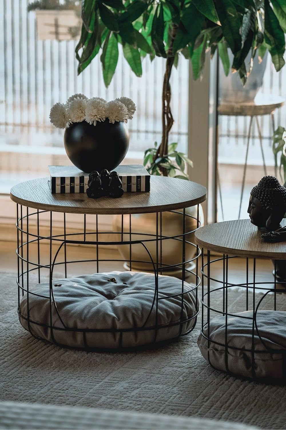 2-Piece Nesting Side Table Set with Cushions Scandinavian Style Round MDF and Metal Frame Modern Living Room Furniture Coffee Table for Pets 21.3 in Diameter - Pine-Black-White Cushion