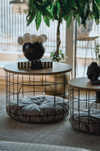 2-Piece Nesting Side Table Set with Cushions Scandinavian Style Round MDF and Metal Frame Modern Living Room Furniture Coffee Table for Pets 21.3 in Diameter - Pine-Black-White Cushion
