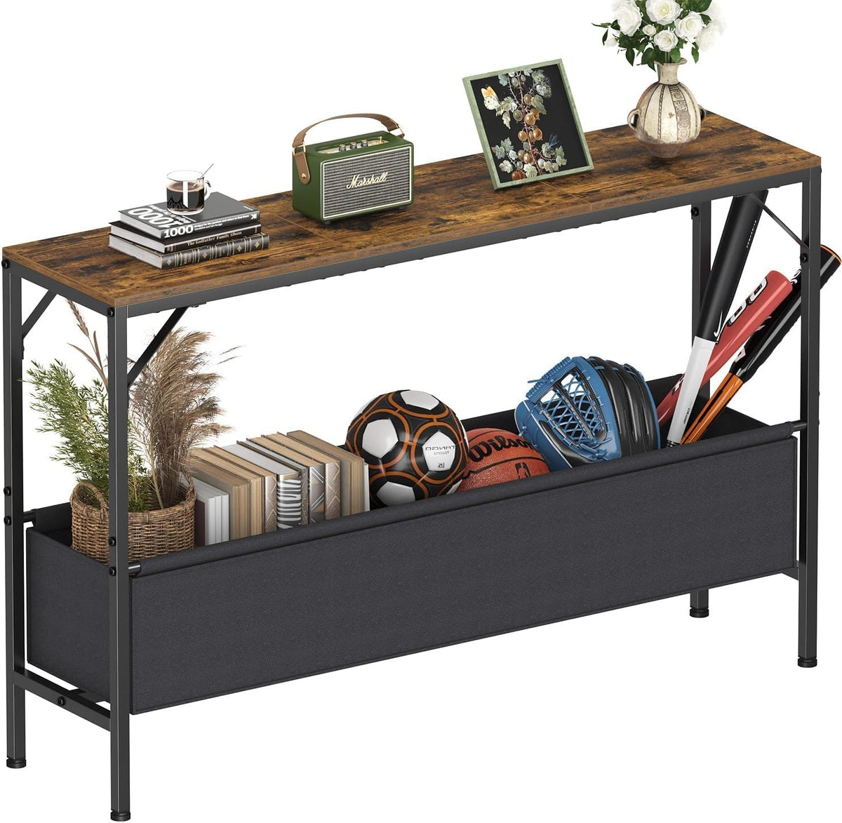 Asgolion Narrow Console Table, 47.2" Long Entryway Table with Storage Basket, Hallway Table, Mordern Industrial Sofa Tables for Living Room, Bedroom, Foyer, Office, Anti-tip Kit, Rustic Brown