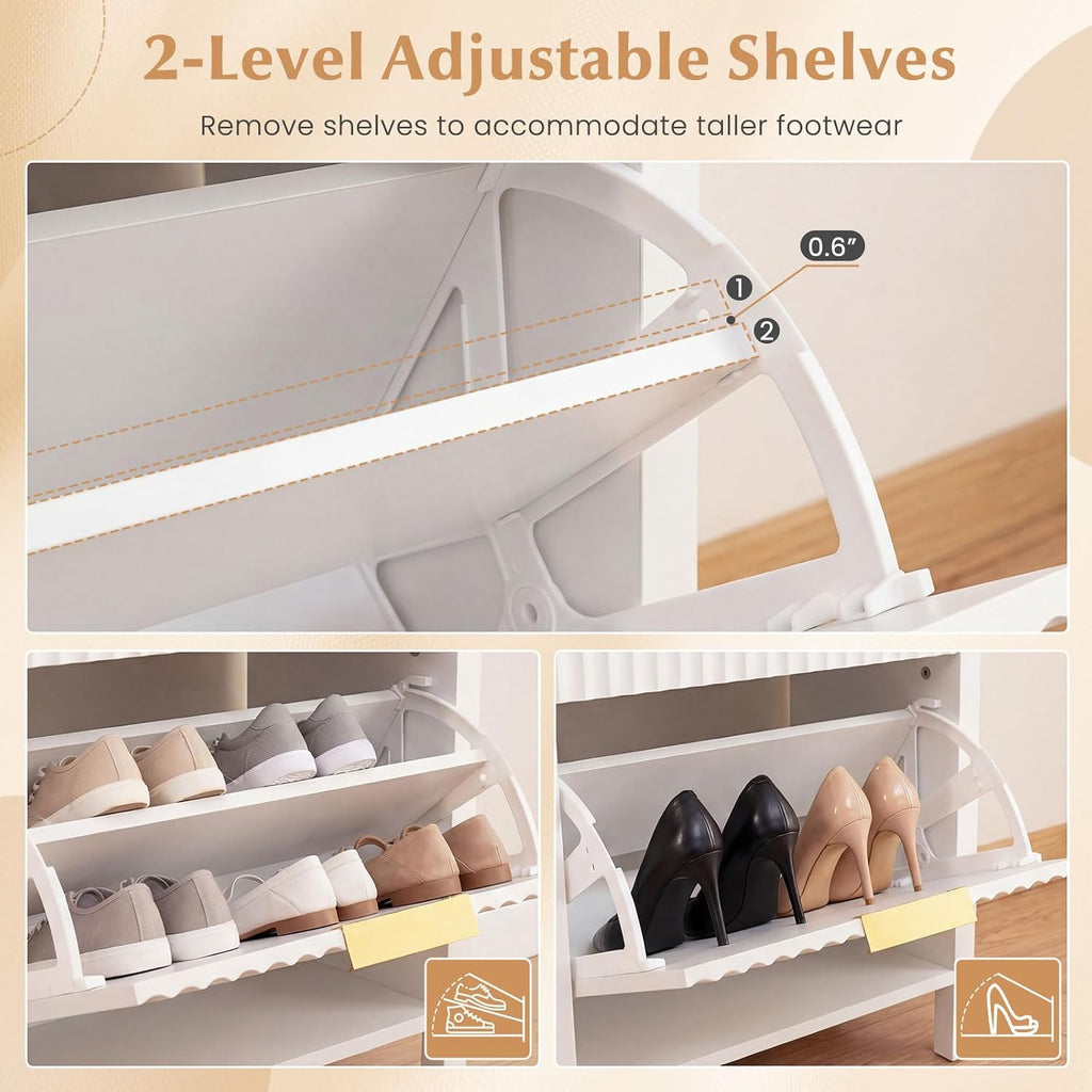 Giantex Shoe Storage Bench with 2 Flip Drawers, Wooden Entryway Bench with Storage, Fluted Doors, Adjustable Shelves, Hidden Shoe Cabinet for Entry Way, Hallway, Foyer, Living Room (White+Gold)