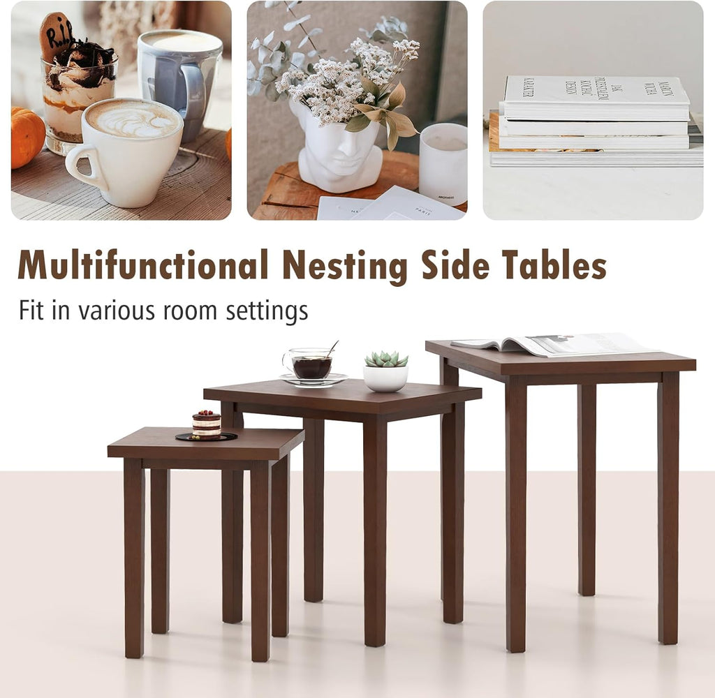 Giantex Nesting Tables Set of 3, Farmhouse Stacking Side Table with Rubber Legs, Wooden Rectangle Accent End Table, Nesting Coffee Tables for Living Room Bedroom (Walnut)