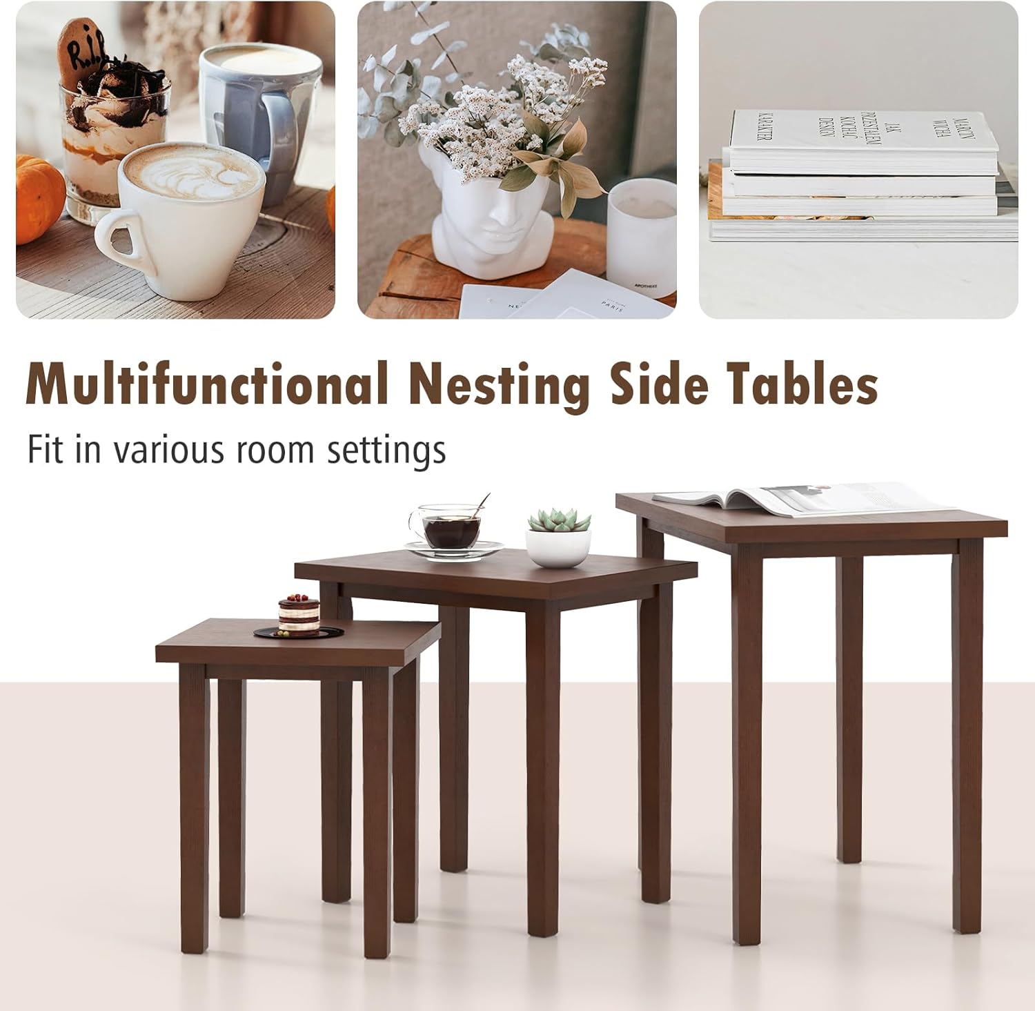 Giantex Nesting Tables Set of 3, Farmhouse Stacking Side Table with Rubber Legs, Wooden Rectangle Accent End Table, Nesting Coffee Tables for Living Room Bedroom (Walnut)