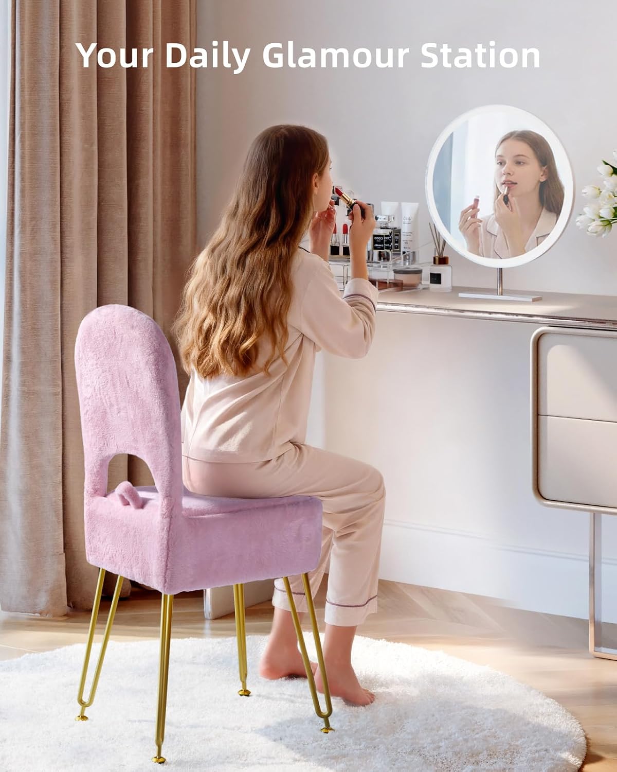 Pink Vanity Chair with Storage and Back for Teens - Faux Fur Makeup Vanity Stool, Foldable Ottoman Seat with Anti-Slip Metal Legs for Girls Bedroom, Dorm, Entryway, Living Room