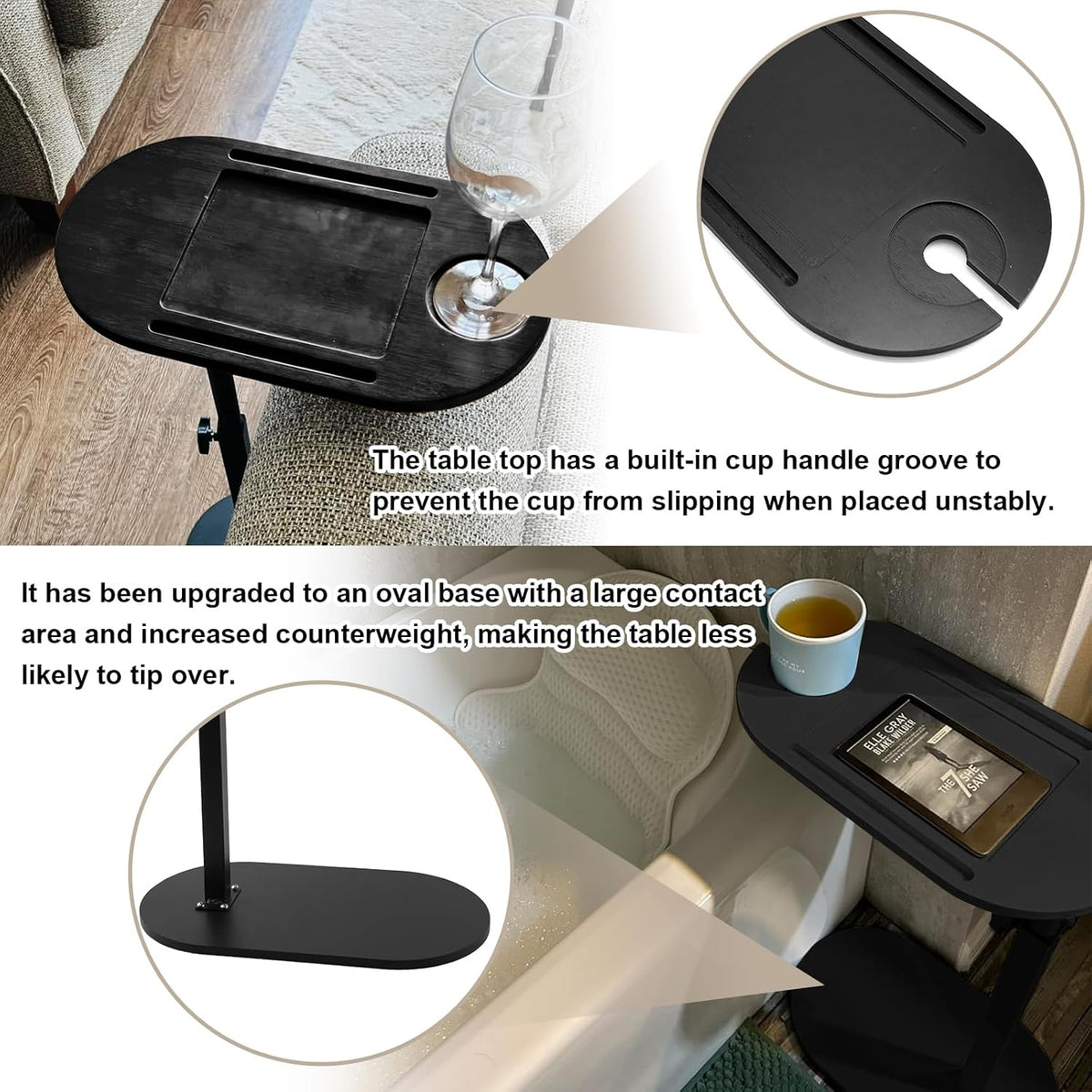 Adjustable TV Tray Table Side Table Tray for Small Spaces, Sofa Arms Bamboo Height Adjustable Bed or Chair, Living Room, Bedroom TV Tray Table with Phone and Tablet Slots(Black)