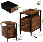 End Table with Charging Station, Narrow Side Table with 2 Fabric Drawers & Storage Shelf, USB Ports & Power Outlets, Nightstand for Bedroom, Living Room and Small Spaces, Rustic Brown