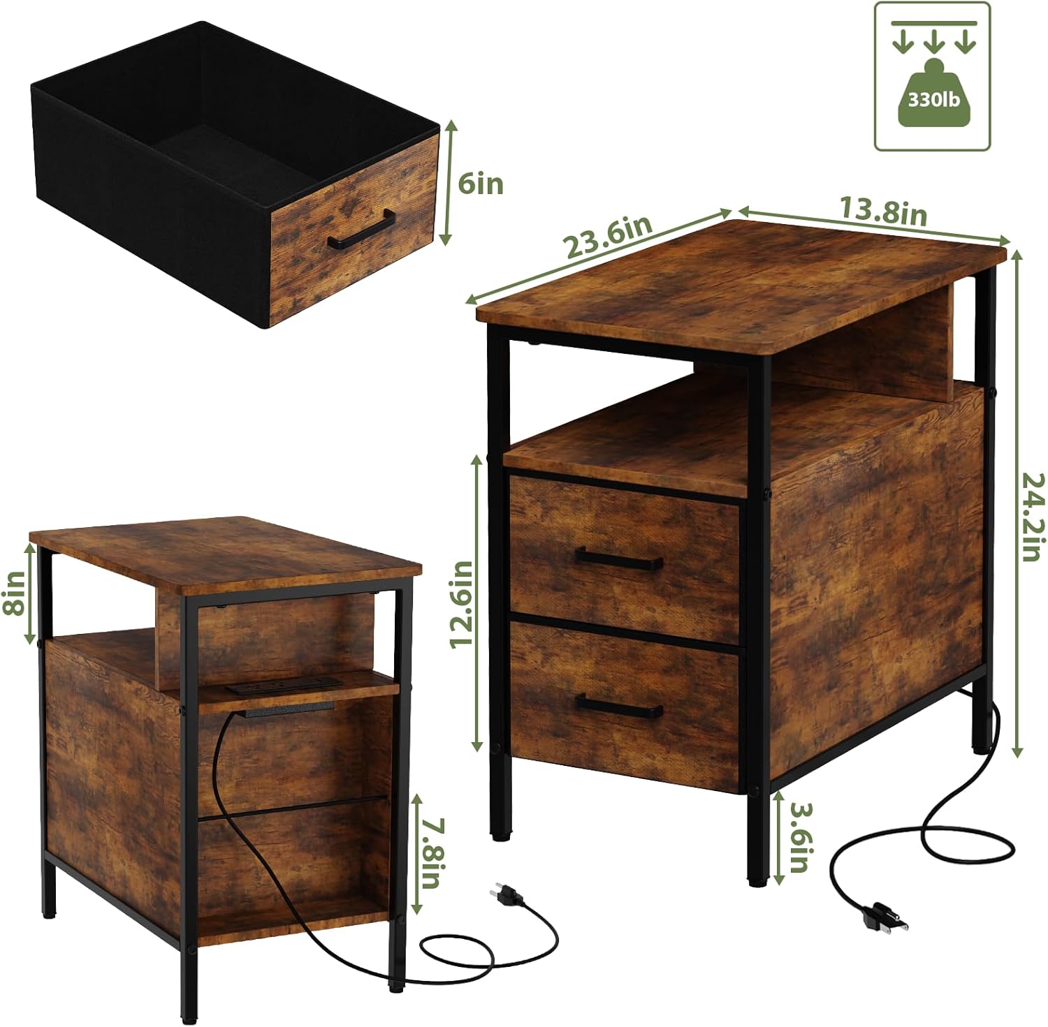 End Table with Charging Station, Narrow Side Table with 2 Fabric Drawers & Storage Shelf, USB Ports & Power Outlets, Nightstand for Bedroom, Living Room and Small Spaces, Rustic Brown