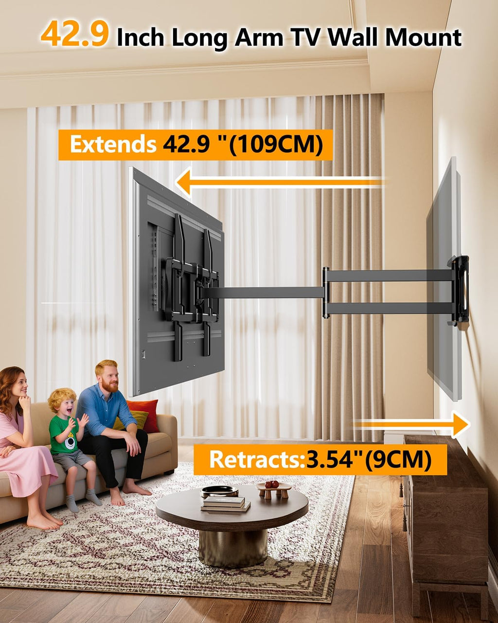 FORGING MOUNT 43–110 inch Long Arm Full Motion TV Wall Mount Holds 176 lbs, VESA 900x600mm, 42.8″ Long Extension for Screen Centered on Living Room,Heavy Duty TV Mount, Tilt, Fits 12″/16″/24″ Studs,