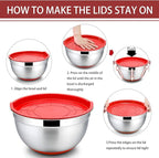 P&P CHEF Mixing Bowls with Lids Set of 5, Stainless Steel Nesting Salad Bowl with Lid & Base for Non-slip Mixing Prepping Storing Serving, 5 Sizes-7/3.5/2.5/1.5/1 QT, Red