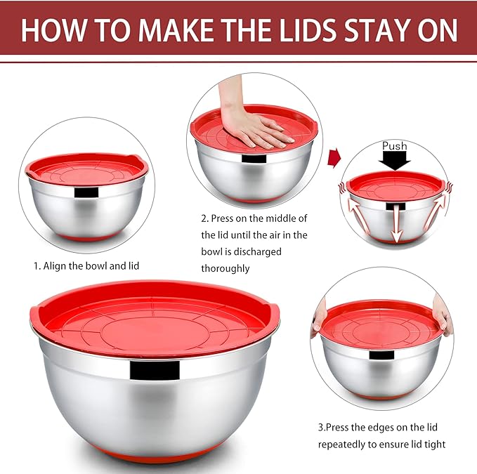 P&P CHEF Mixing Bowls with Lids Set of 5, Stainless Steel Nesting Salad Bowl with Lid & Base for Non-slip Mixing Prepping Storing Serving, 5 Sizes-7/3.5/2.5/1.5/1 QT, Red