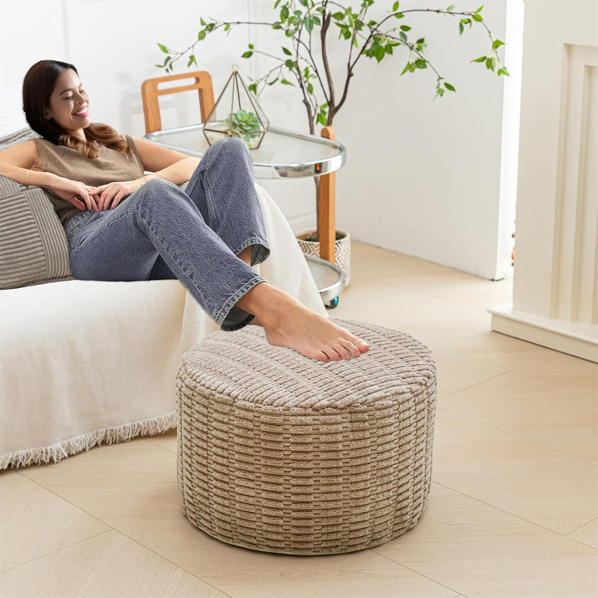 Asuprui Pouf Ottoman Round Foam Filled Foot Rest Stool Floor Pouf Footrest | 20x14 In,Light Coffee,All-One Foam Pouf, Ottoman Coffee Table,Couch Foot Rest ,Remov. Cover for Living Room Entryway Bedroom