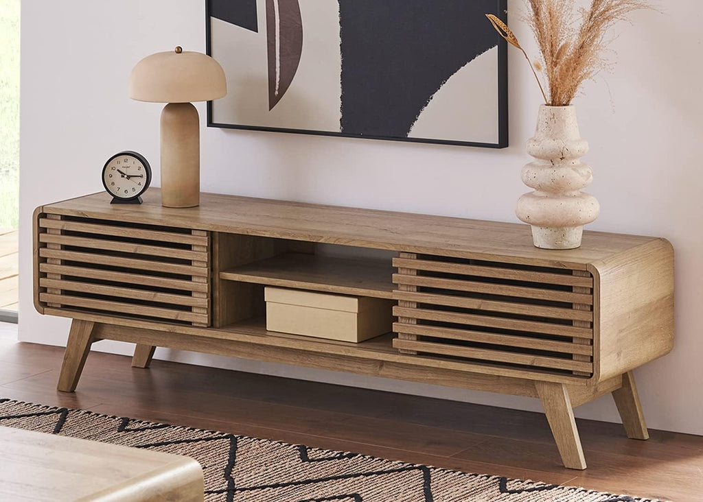 mopio Ensley 59" TV Stand with Slatted Door, Mid Century Modern Entertainment Center for 55/60/65 inch TV, Farmhouse Media Console with Storage, Adjustable Shelves, Round Edges, Living Room (Oak)