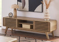 mopio Ensley 59" TV Stand with Slatted Door, Mid Century Modern Entertainment Center for 55/60/65 inch TV, Farmhouse Media Console with Storage, Adjustable Shelves, Round Edges, Living Room (Oak)