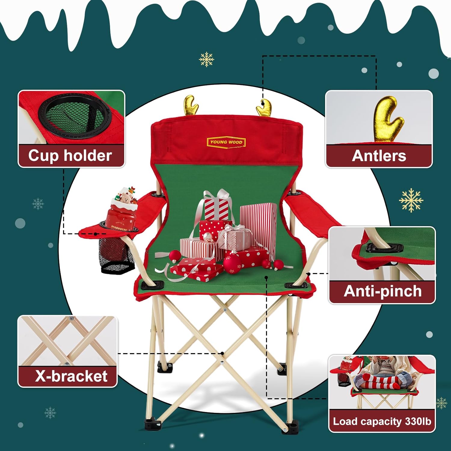 YOUNG WOOD Portable Camping Chair Beach Chair Outdoor Foldable Chair, Included Mesh Cup Holder & Safety Lock to Avoid Pinch Hand, Suitable for Christmas, Camp, Party, with Carrying Bag, Ages 2 to 7