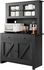 GarveeHome Kitchen Pantry Cabinet with Microwave Stand, Freestanding Hutch Cabinet with Buffet Cupboard, Tall Kitchen Cabinets with Adjustable Shelves for Dining Room, Black