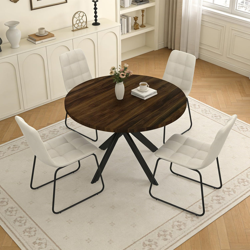 44" Round Dining Table Set for 4, Modern X-Shaped Metal Leg Table | Cushioned Cozy Beige Chairs of 4, Mid-Century Walnut Tabletop, Dinette set for Kitchen, Dining Room & Apartments