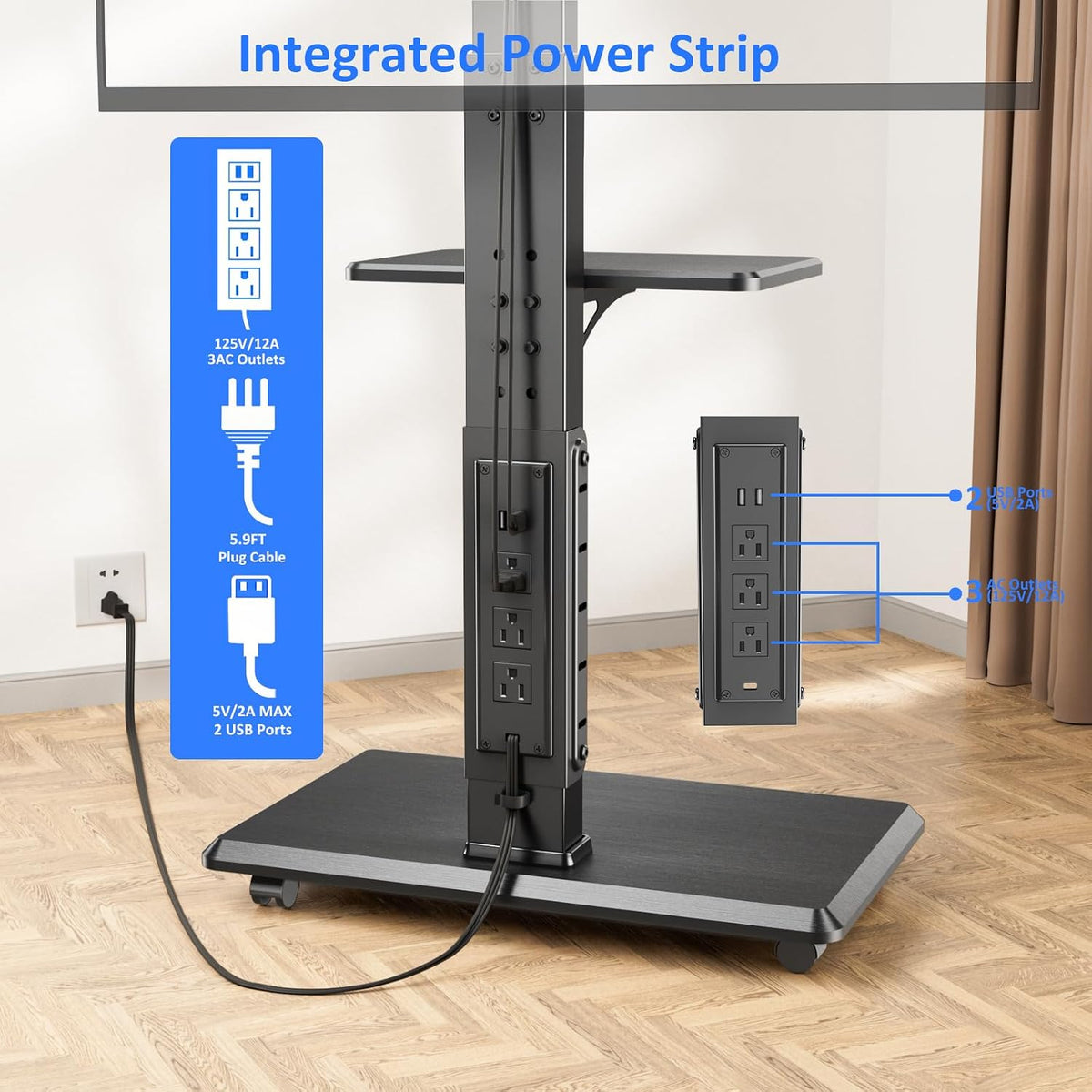 Afaloona Rolling TV Stand with Power Outlet for 32-75" TV, Max Load 110 lbs | Mobile TV cart with 18 height adjustments, ±30° swivel, media shelf and Max VESA 600×400mm for living room office and outdoor