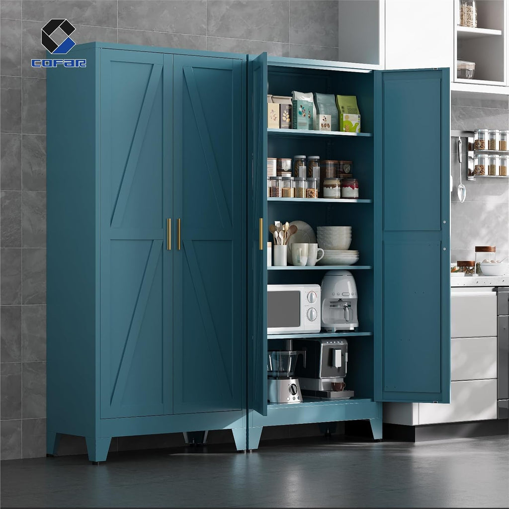 COFaR 71'' Tall Metal Storage Cabinet, Farmhouse Kitchen Pantry Cabinet with Doors and 4 Adjustable Shelves, Metal Pantry Storage Cabinets for Kitchen, Laundry, Peacock Blue 5-Tier
