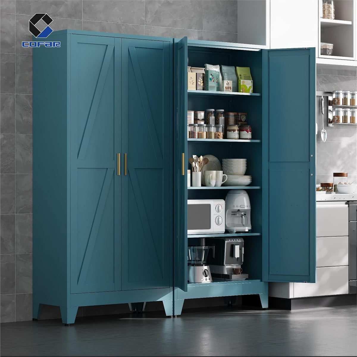 COFaR 71'' Tall Metal Storage Cabinet, Farmhouse Kitchen Pantry Cabinet with Doors and 4 Adjustable Shelves, Metal Pantry Storage Cabinets for Kitchen, Laundry, Peacock Blue 5-Tier