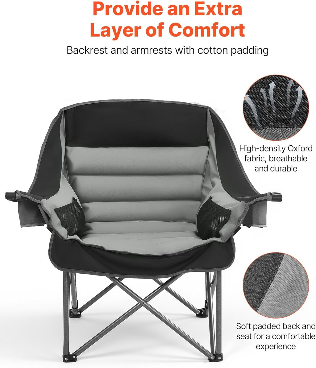VEVOR Oversized Camping Chairs, 450 lbs Heavy Duty Support, Portable Padded Folding Camp Chairs with Dual Cup Holders & Wine Glass Holders, Carry Bag for Outdoor, Fishing, Black & Gray, 1 Pack