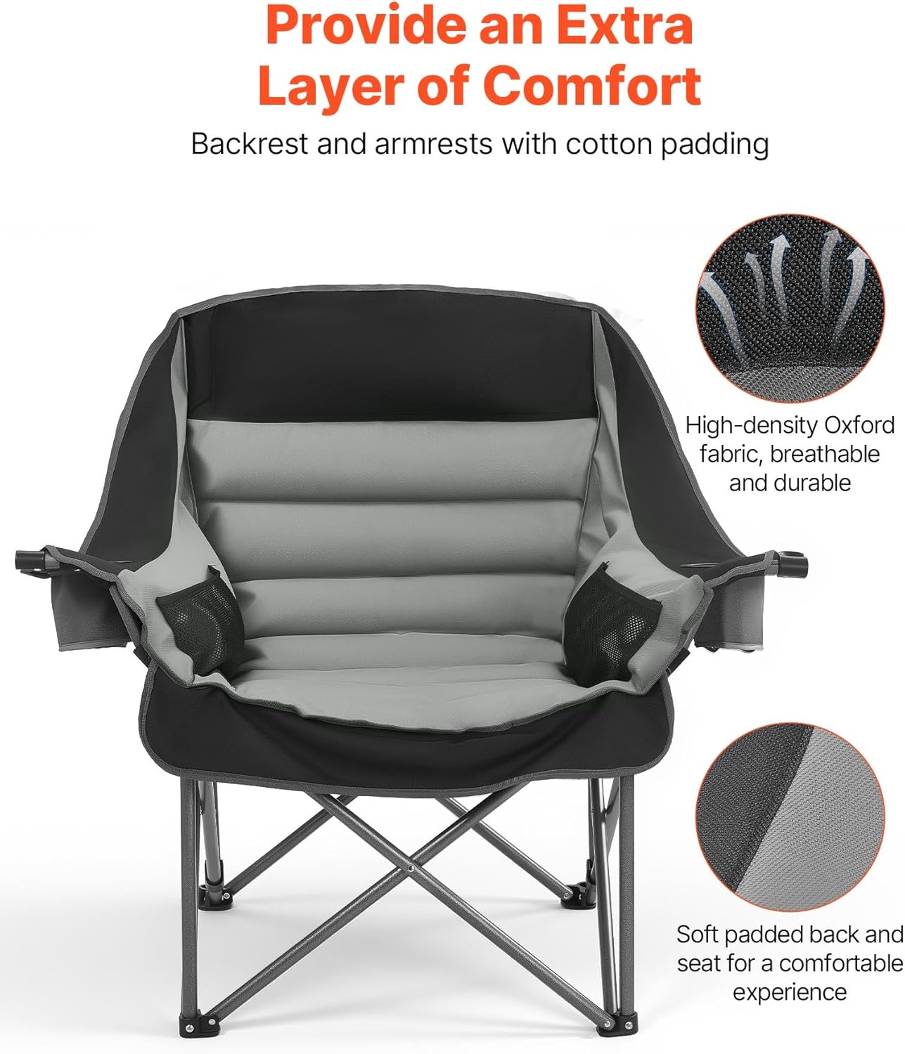 VEVOR Oversized Camping Chairs, 450 lbs Heavy Duty Support, Portable Padded Folding Camp Chairs with Dual Cup Holders & Wine Glass Holders, Carry Bag for Outdoor, Fishing, Black & Gray, 1 Pack