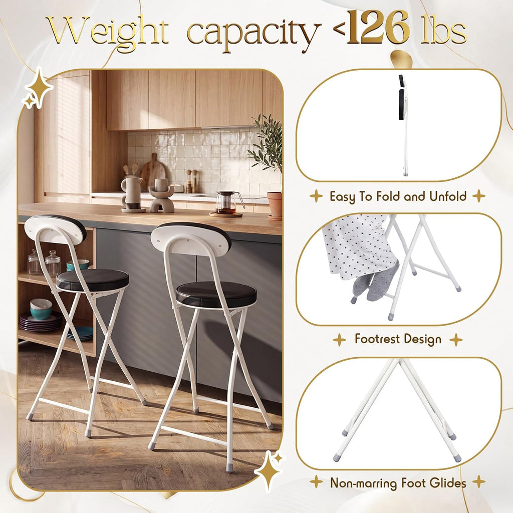 Xuhal 2 Pack Folding Bar Stools with Back 23.6'' Tall Foldable Stool Seat Padded Portable High Folding Bar Chair Counter Height Foldable Stools Leather Padded for Kitchen Shop Cafe Dining Room