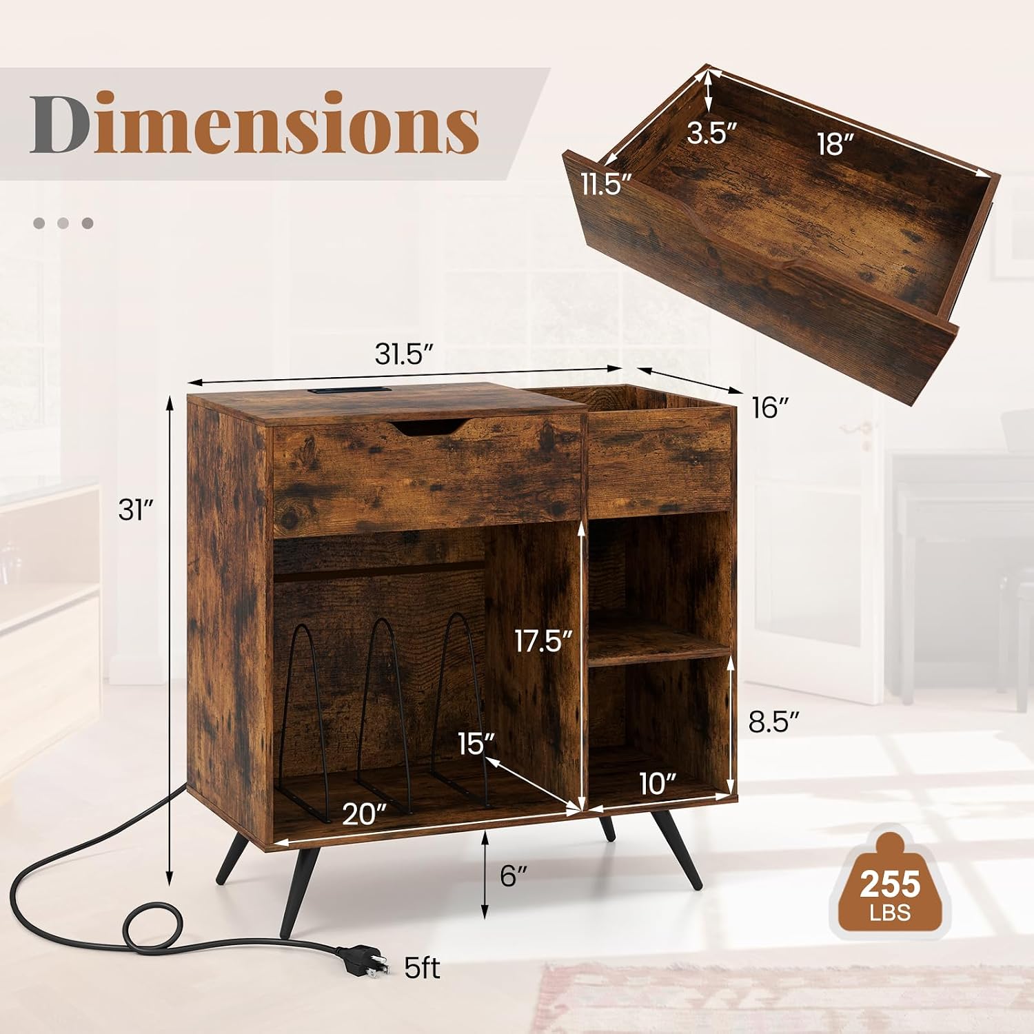 Giantex Large Record Player Stand with Charging Station, Mid Century Turntable Stand Holds Up to 300 Albums, Record Player Table w/Drawer & Display Shelf, Vinyl Record Storage for Living Room, Brown