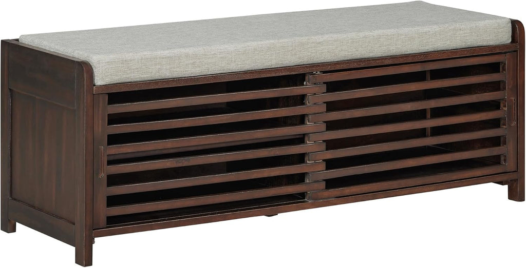 Ball & Cast Entryway Storage Bench with Shutter Doors, 43.3" Wooden Shoes Organizer, Modern Movable Upholstered Seat Entryway Shoe Rack Cabinet for Hallway Living Room, Espresso