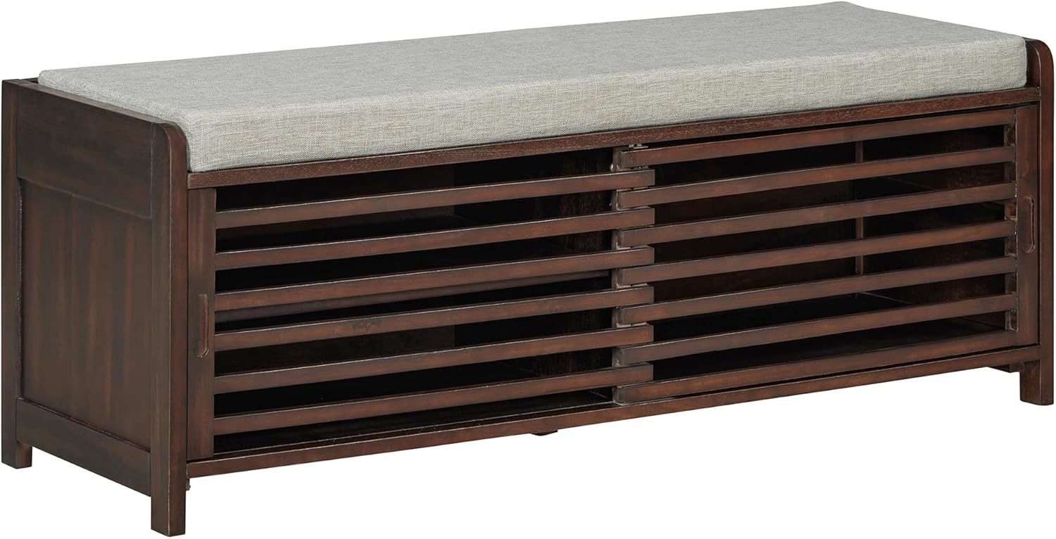 Ball & Cast Entryway Storage Bench with Shutter Doors, 43.3" Wooden Shoes Organizer, Modern Movable Upholstered Seat Entryway Shoe Rack Cabinet for Hallway Living Room, Espresso