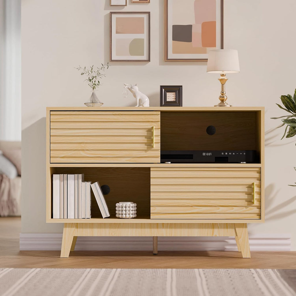 Fluted Buffet Sideboard Oak, Modern Storage Cabinet w/Cord Cutout, Accent Cabinet with Solid Wood Legs, Console Table w/Sliding Doors Open Shelves, Credenza for Living Room, Hallway, Entryway