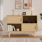 Fluted Buffet Sideboard Oak, Modern Storage Cabinet w/Cord Cutout, Accent Cabinet with Solid Wood Legs, Console Table w/Sliding Doors Open Shelves, Credenza for Living Room, Hallway, Entryway