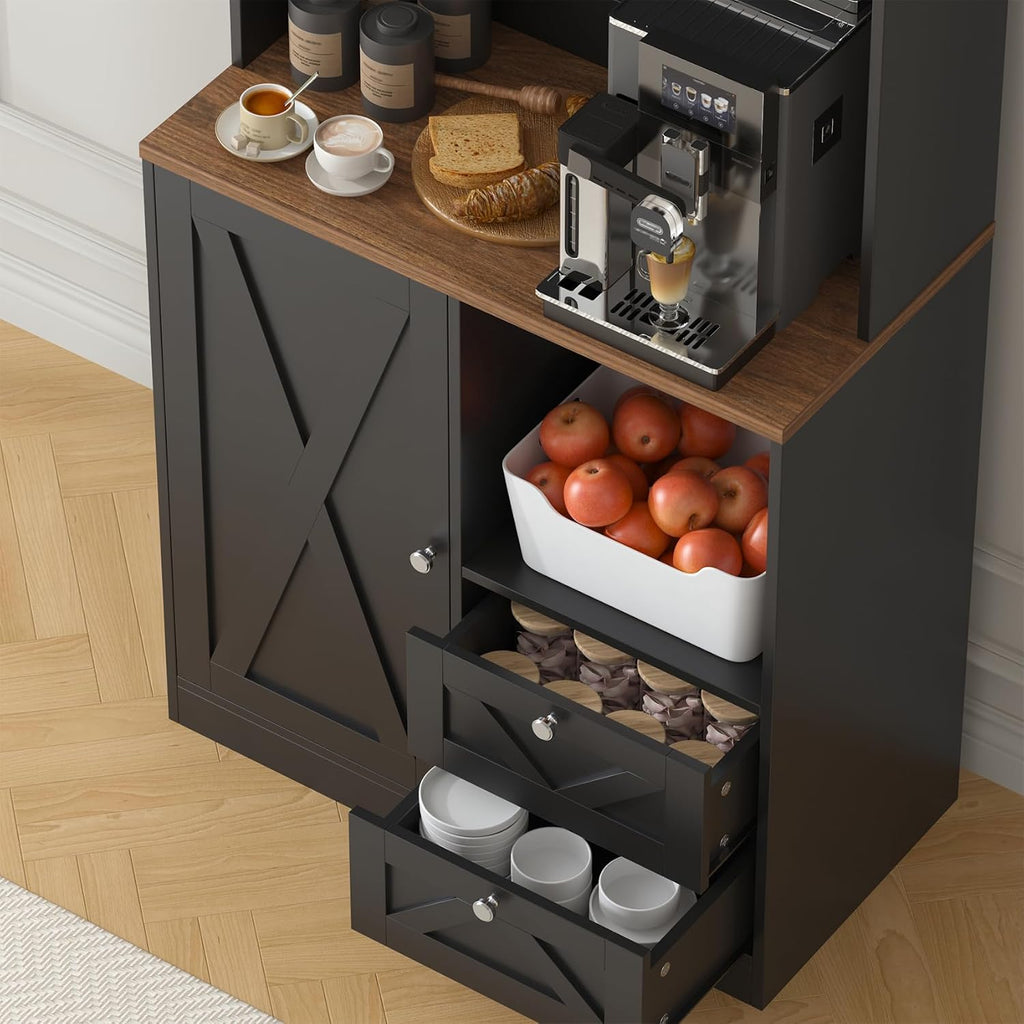 71" Tall Coffee Bar Cabinet with Storage Hutch, Farmhouse Kitchen Pantry Cabinet with LED Lights Microwave Stand and Glass Holder for Home Dining Room Kitchen (Black)