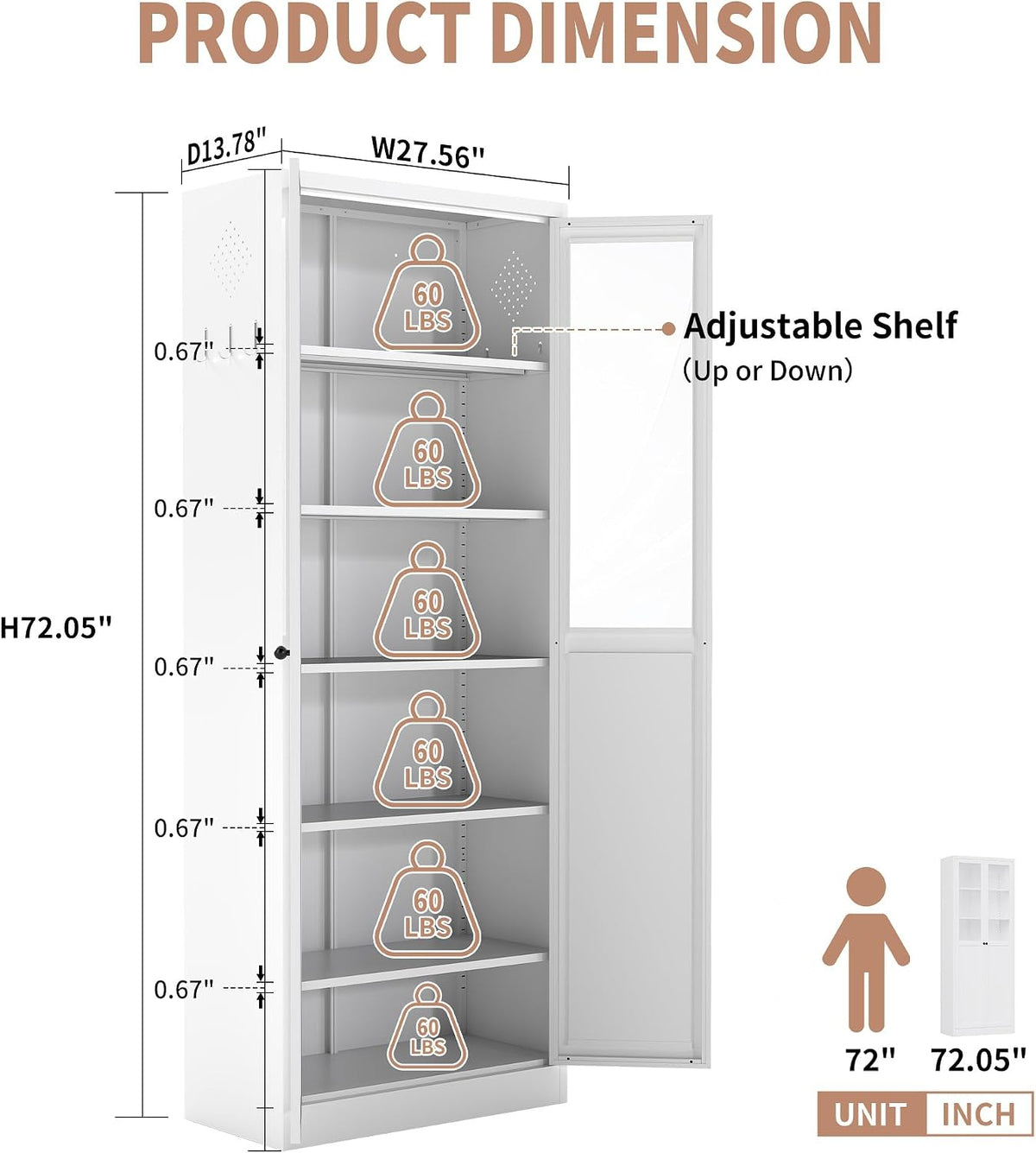 DSHADE 72" Tall Metal Kitchen Pantry Cabinet with Adjustable Shelves & Doors, Heavy-Duty Freestanding Storage Organizer, Tool-Free Assembly for Living Room, Bathroom, White